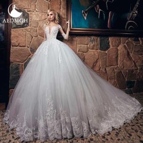 Aedmgh Ball Gown Princess Wedding Dresses 2021 Sweetheart Half Sleeve Bride Dress Lace Appliques Chapel Train Vestido De Novia