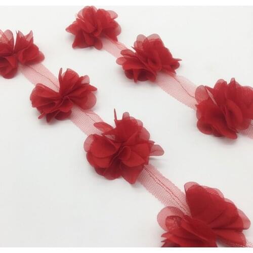 13pcs/yard 3D Red Chiffon Cluster Flowers Wedding Dress Bridal Fabric Lace Trim Fabric DIY Sewing