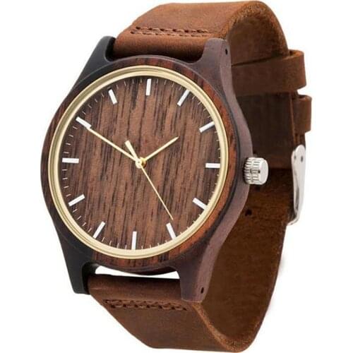 Dropshipping Logo Premium Gold Hand Unisex Wooden Wristwatches Brown Leather Strap 100% Natural Ebony Watch for Men and Women