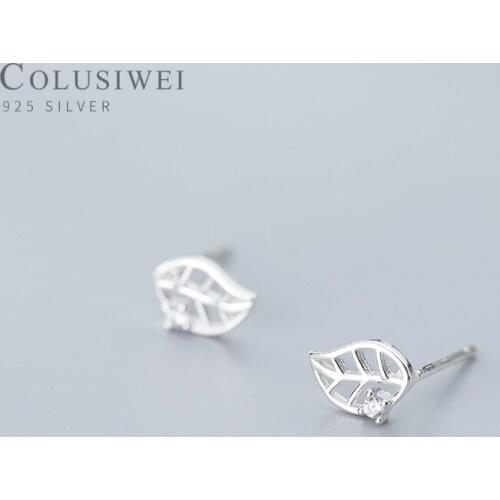 COLUSIWEI Authentic 925 Sterling Silver Spring Leaf Leaves Clear CZ Zircon Stud Earrings for Women Fashion Earrings Jewelry