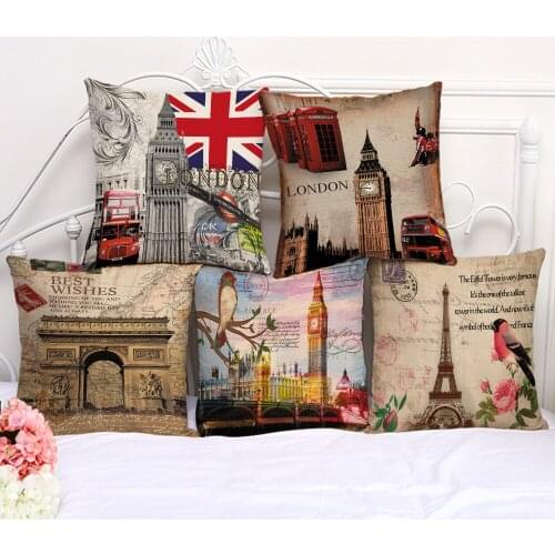 Decorative Pillow Cushion Case Vintage City London Newyork Pillowcase 17.5 Inch Cotton Linen Chair Seat Throw Pillow Cover L1004