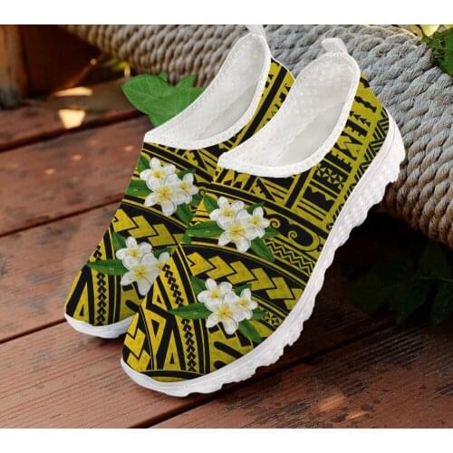 ELVISWORDS Polynesian Traditional Tribal Plumeria Flower Yellow Ladies Shoes Casual Sneakers Shoes Woman Flats Summer Mesh Shoes