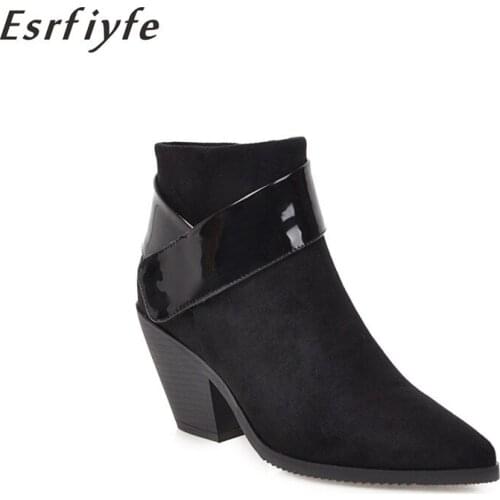 ESRFIYFE 2020 New Flock Western Cowboy Ankle Boots for Women Wedge High Heels Boots Patent Leather Western Cowgirl Boots Shoes