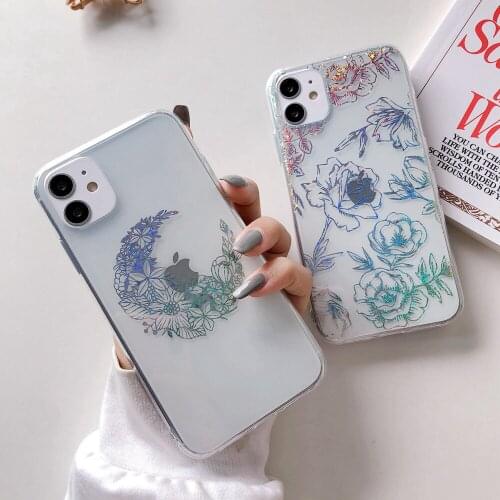 Laser Plating Transparent Phone Case for iPhone 12 11 Pro Max XR XS Max X SE 2020 7 8 Plus Slim Thin Plant Flower Soft Cover