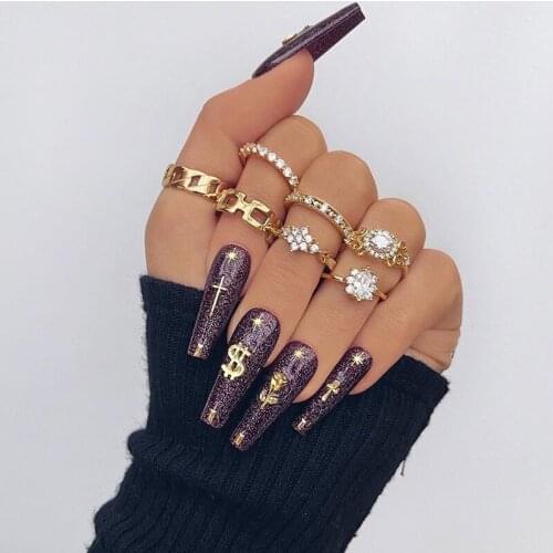 7 Pcs/Set Fashion Rings Set Women Bohemian Simple Geometric Chain Crystal Finger Golden Ring Beach Charm Party Jewelry Gift