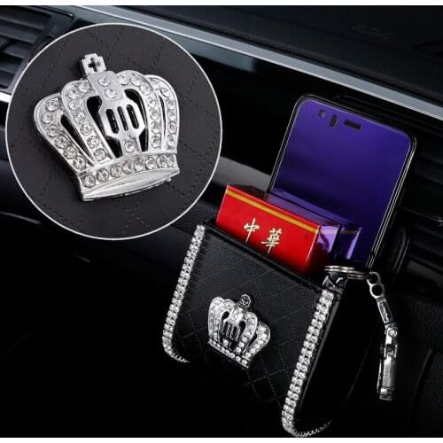 Crown Crystal Leather Car Storage Box Car garbage Box Bag Auto Outlet Air Vent Hanging Car Mobile Phone Holder auto Accessories