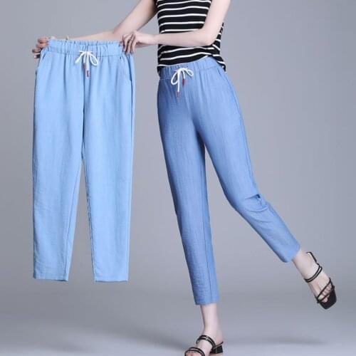2021 Summer Ice Silk Ladies Jeans Womens Jeans Thin Denim Imitation Tencel Elastic Waist Harem Casual Pants Blue Trousand 4xl
