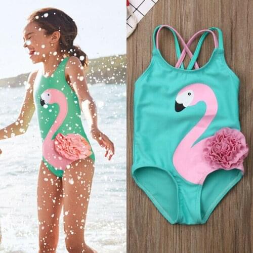 Toddler Kids Baby Girls Flamingo Print Bikini Swimwear Sleeveless Round Neck Slim-Fit Swimsuit Beachwear Bathing Suit 1-5Y