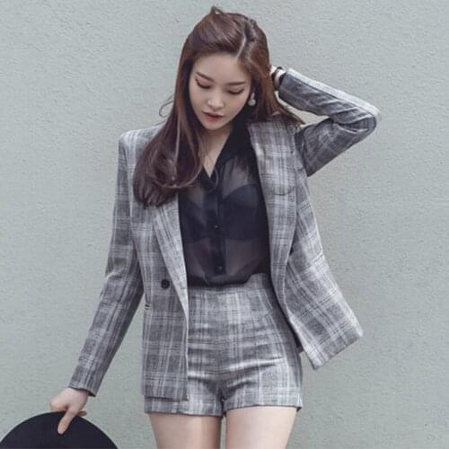 New arrival fashion set for women summer work style blazer and short pants temperamental comfortable plaid two piece set
