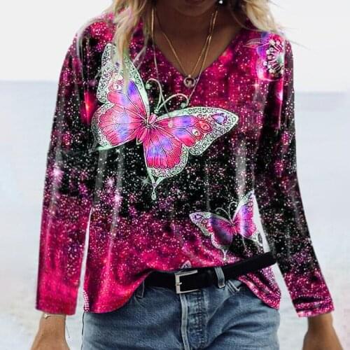 Autumn Women Long Sleeve V-Neck Tops Butterfly Printed T-Shirt Ladies Casual Loose Pullover Tees Wholesale