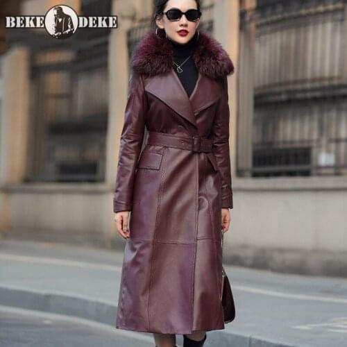 Elegant Wine Red Office Ladies Sheepskin Coat Warm Luxury Fox Fur Collar Genuine Leather Down Jackets Fashion Female Overcoat