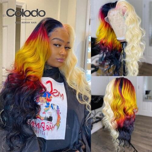COLODO Hlaf Blonde Half Rainbow Ombre Lace Front Human Hair Wigs Pre Plucked Brazilian Remy Transparent Lace Wigs for Women