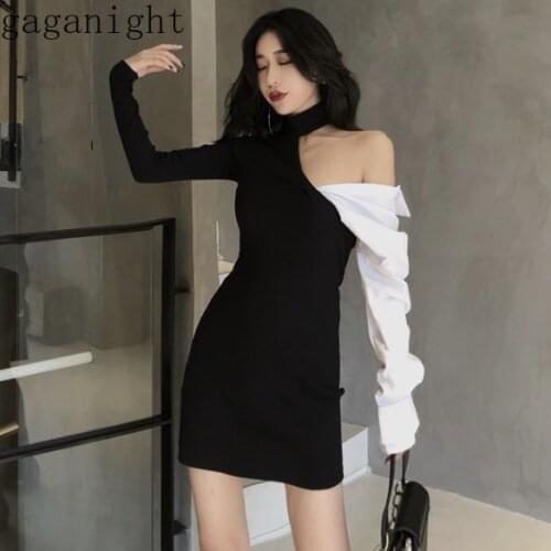 Gaganight Korean Contrast Color Patchwork Temperament Dress High Waist Hip Off Shoulder Slim Vestiido Pullover Long Sleeve Ropa