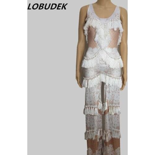 Sexy Female Costumes Bar Party performance stage wear White tassels jumpsuit Flare trousers prom singer dancer show nightclub DJ