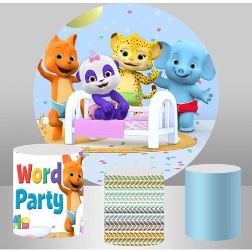 Sensfun Cartoon Animals Word Round Background Circle Photo Backdrop Birthday Party Decoration Table Cylinder Cover