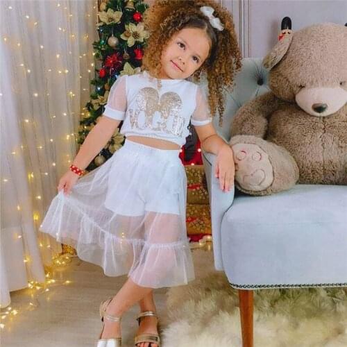Toddler Kid Girls Casual Clothes Sets, Round Neck Short Sleeve Sequin Decor Tops + Mesh Layer Shorts Skirts 1-6Years