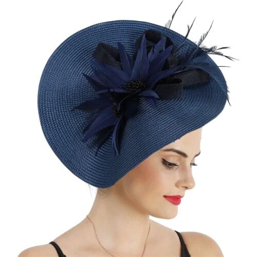 Navy Big Vintage Women Hair Fascinator Hat Fancy Feather Flower Headwear Cocktail Race Banuuet Headwear Hair Clip Millinery Cap