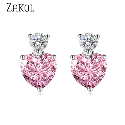 ZAKOL Luxury Heart Pendant Small Stud EarringsColorful Pink Yellow AAA Cubic Zirconia Stone Banquet Jewelry for Women