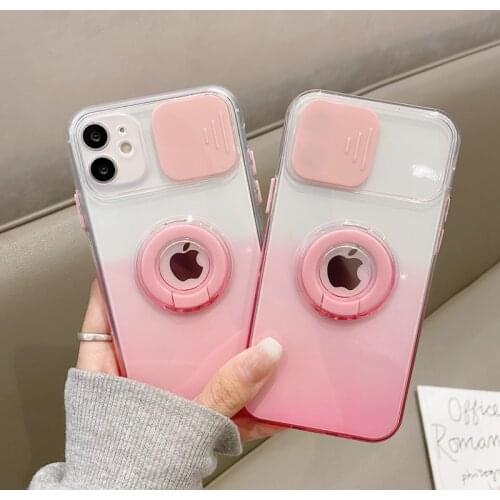 Armor Camera Lens protection Gradient Transparent Case For iPhone 11 12 Pro Max Mini XS X XR 8 7 Plus Ring Holder Stand Cover