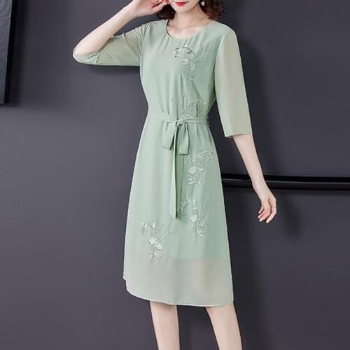 Spring Casual Embroidery Green Chiffon Midi Dress 2021 Summer Vintage Solid 3XL Plus Size Dresses Women Elegant Bodycon Vestidos