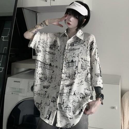Ink Painting Print Shirts for Womens Fashion Trends Gothic Clothes Teenage Girls Loose Fit Boyfriend Button Up Blouse Streetwear