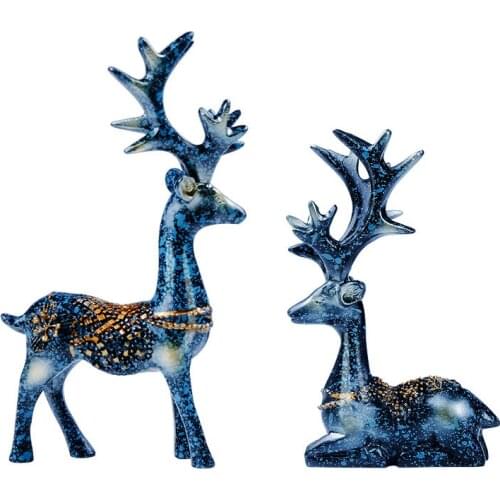 1Pair Blue Deer Decoration Resin Sculpture Europe Style Modern Art Home Entrance Decor Elk Statue Desktop Ornament Deer Figurine