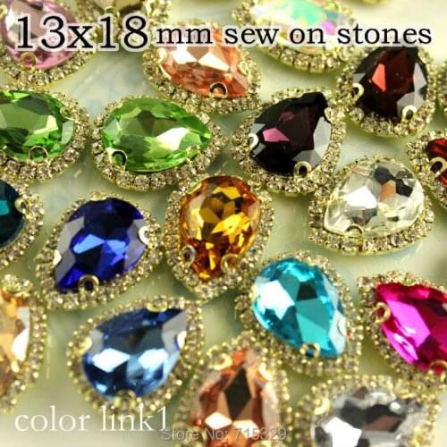 12pcs 13x18mm teardrp crystal Sew on Stone with gold rhinestones chain flower claw Crystal Glass Chatons Beads for Dress