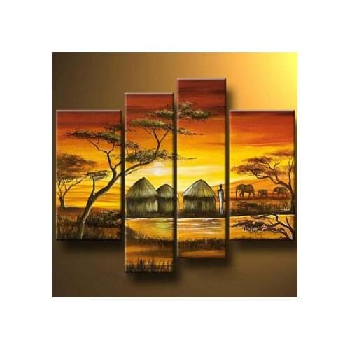 4pcs Hand Painted Oil Painting African Village V-Modern Oil Painting On Canvas Art Wall Decor-Landscape Oil Painting Wall Art