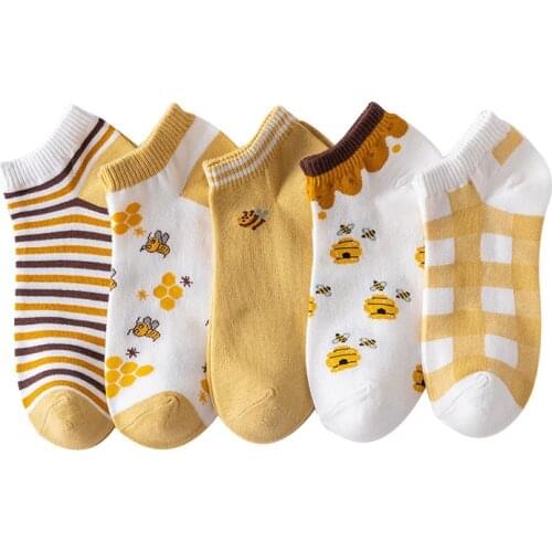 5Pair Low Cut Women Socks Set Summer Thin Yellow Bee Cute Soft Breathable Cotton Socks Japanese Lattice Stripe Kawaii Calcetines