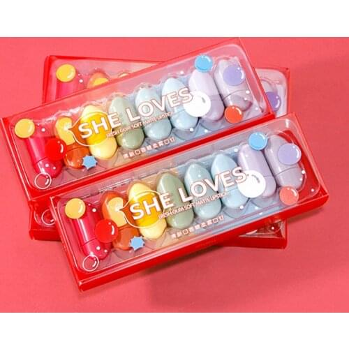 8 colors/set Mini Little Monster Capsule Lipstick Cute Candy Matte Lipstick Makeup Kit Nonstick Cup Velvet Matte Easy To Color