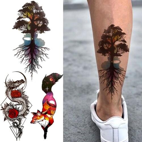 Watercolor 3D Pin Tree Temporary Tattoo For Kids Women Realistic Fox Fake Tattoos Sticker Geometric Dragon Tatoo Body Legs Hands