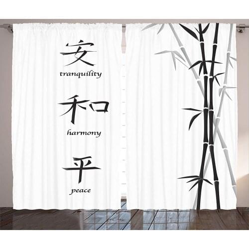 Bamboo House Decor Curtains Illustration of Chinese Symbols for Tranquility Harmony Peace with Bamboo Living Room Bedroom