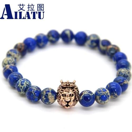Ailatu Brand Luxury Masculinas Natural Blue Sediment Stone Lion Head Bracelet Pulseras Hombre Bracciali Men Elastic Bead Jewelry