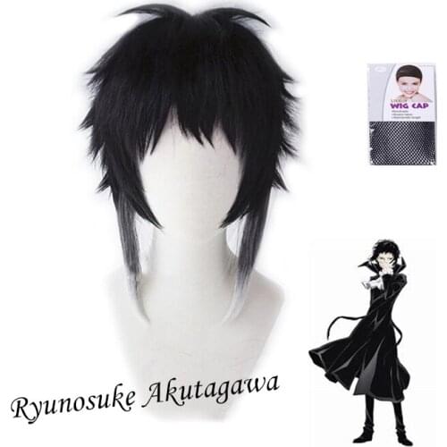 Bungou Stray Dogs Anime Ryunosuke Akutagawa Cosplay Short Black Wig Heat Resistant Fiber Hair With Wig Cap Halloween Party Props