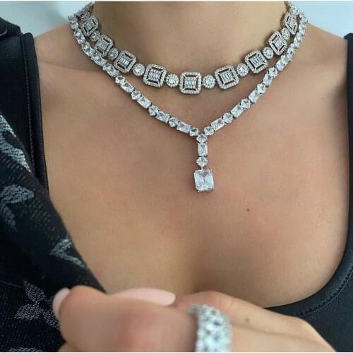 Hip hop iced out micro paved square cz silver color long chain choker necklaces wholesale women mens geometry Jewelry 16'' 18