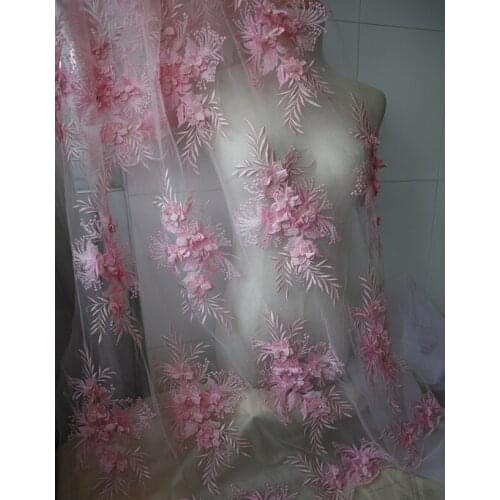 Baby pink 3D floral embroidered lace fabric, 3D flowers embroidered lace fabric by the yard
