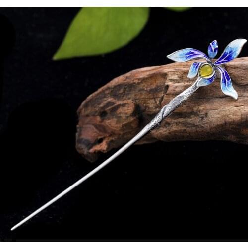 925 Sterling Silver Orchid Flower Hair Stick Cloisonne Enamel Luxury Jewelry Blue Hair Pin Chinese Vintage Handmade Hairpins