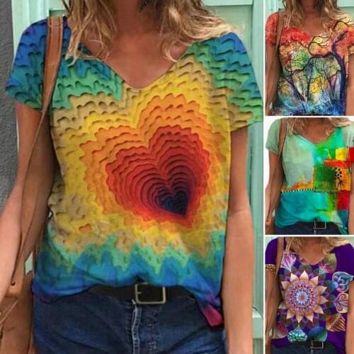 Graphic Tee Shirts Clothing Plus Size 3XL Summer New Fashion Women V-neck Flower Print Short Sleeve Casual Loose T-shirt Y2k Top