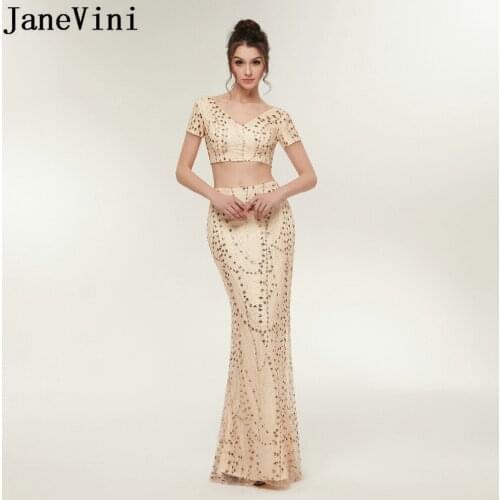 JaneVini Sparkle Champagne Gold Two Pieces Prom Dresses V Neck Short Sleeve Sequined Mermaid Long Party Gowns Vestidos Compridos
