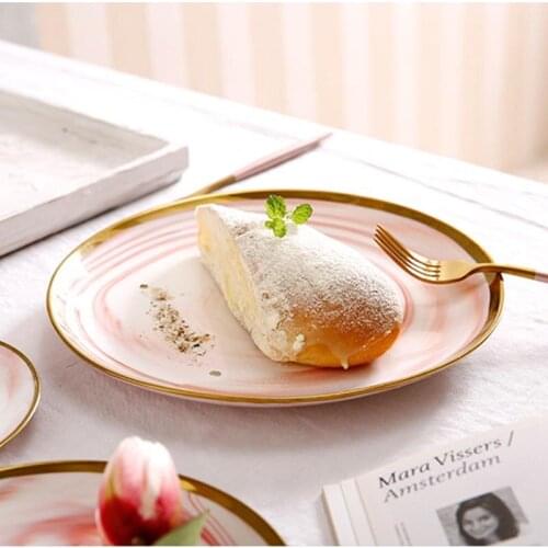 Ceramic Plate Marbling Tray Dinner Dish Assiett Flat Plate Golden Edge Dish Creative Food Tray Round Plate Plato Decoration 1pcs