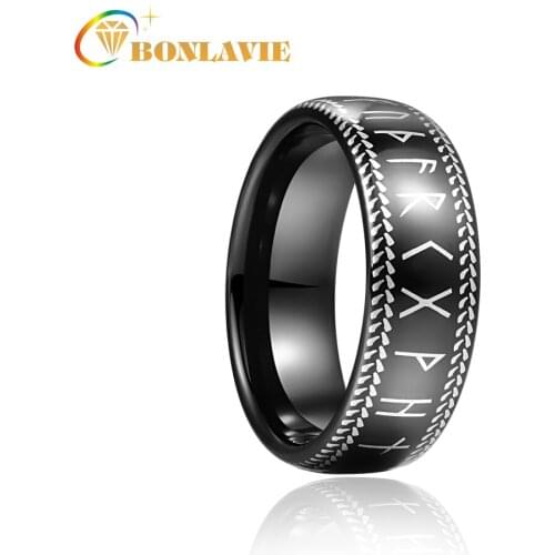 BONLAVIE 8mm Black Laser Phoenician Lettering Tungsten Carbide Ring Wedding Band for Men Comfort Fit Rings Engagement Jewelry