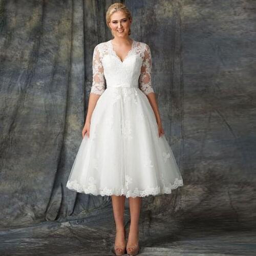 Short Wedding Dresses for Women V Neckline Half Sleeves Lace Appliqued Tea Length Bridal Gown 2021