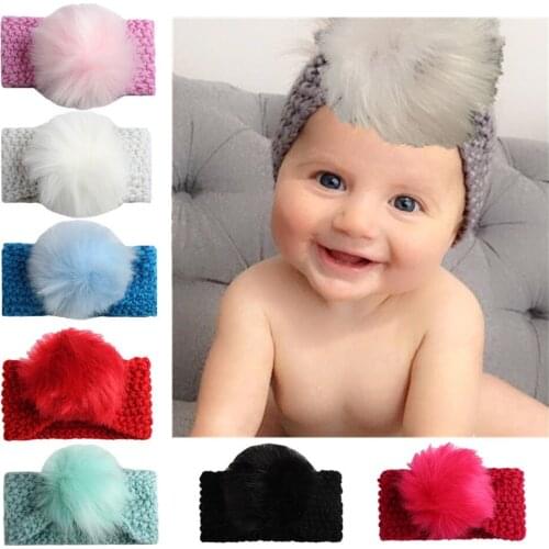 Fashion Faux Fur Pompoms Knitted Baby Headband Solid Color Winter Head Warm Crochet Baby Girl Hair Bands Turban Hair Accessories