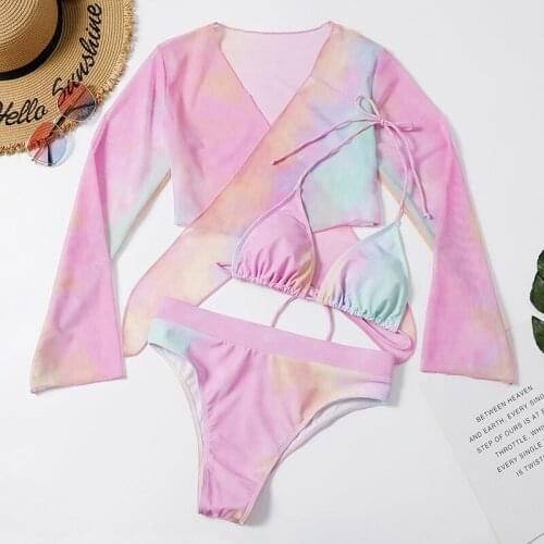 2021 New Fashion Ladies Gradient High Waist Quick-drying Three-piece Split Swimsuit Swimsuit Bikini Set