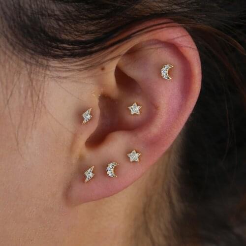 2021 new real 925 sterling silver mini moon star lightning bolt cz stud earring sets gold color small bling stud earrings bulk