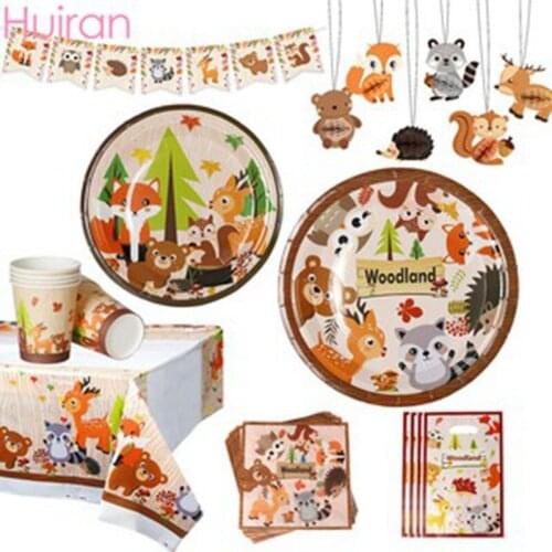 Huiran Woodland Disposable Party Tableware Paper Plate Cup Tablecloth Woodland Party Supplies Birthday Party Decorations Kids