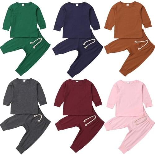 0-24M Newborn Baby Boy Girl Long Sleeve Solid Color Cotton T-shirt Tops Long Pant 2PCS Sleepwear Clothes Set