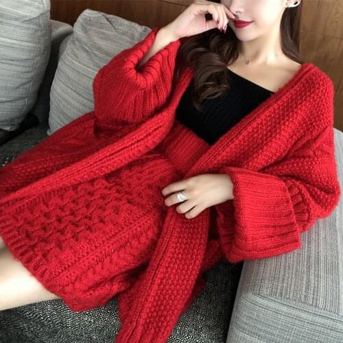 Autumn Winter 2020 Sweater Sets Twist Thick Medium-long Cardigan + Stretch Waist Mini Skirt Red Knitted Plus Size Suits