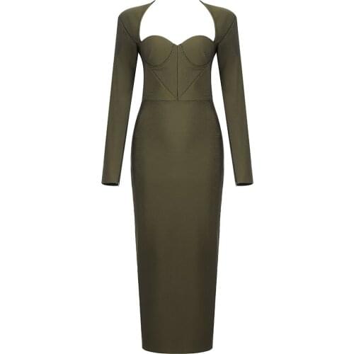 Autumn Long Sleeve Bandage Dress Fashion Elegant Green New Arrival Long Dresses Women Ladies CLothing V Neck Party Club