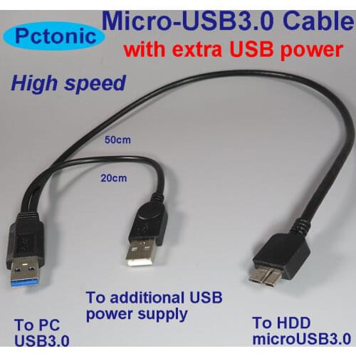 PCTONIC Micro-USB3.0 micro-B USB Cable with addtional USB A-type power supply for Mobile Hard disk HDD extra power for OTG